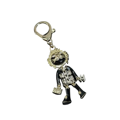 Luxury-Inspired Lion Figure Bag Charm, Gold-Tone Enamel Keychain with Crystal Accents